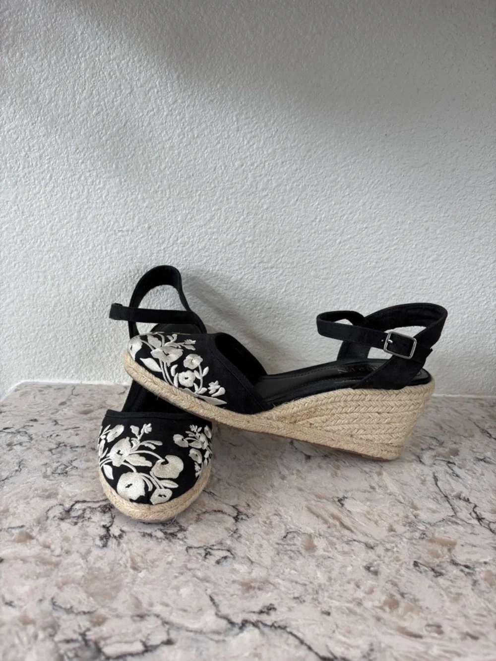 Lauren Ralph Lauren Black Espadrille Wedges with White Floral Embroidery